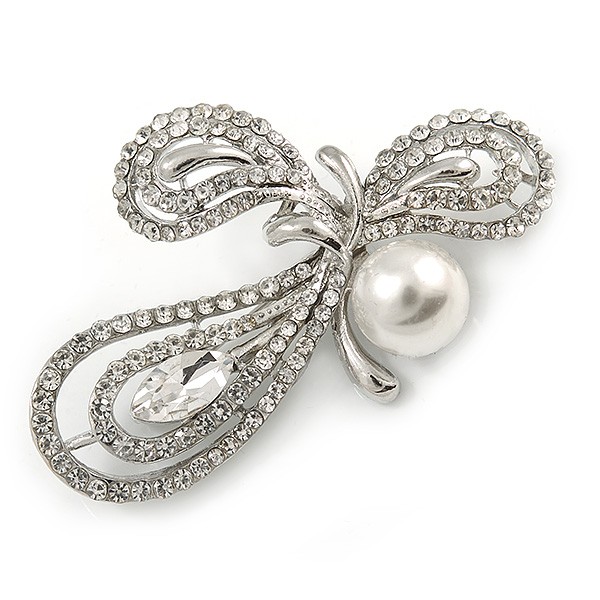 Clear Crystal, Faux Pearl Fancy Bow Brooch In Silver Tone Metal - 60mm L