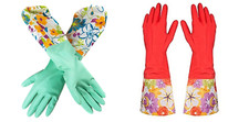 2 Pair Decorative Lined Latex Dish Washing Gloves with Cuff Multi Use Kitchen