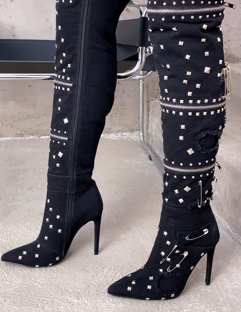 Rocker Black Distressed Denim Embellished Thigh High Boots