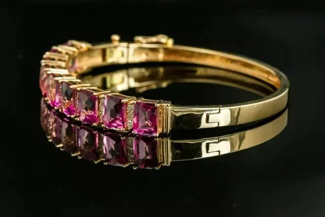 12Ct Emerald Cut Lab Created Ruby Women's Bangle Bracelet 14K Yellow Gold Plated - Image 2 of 4