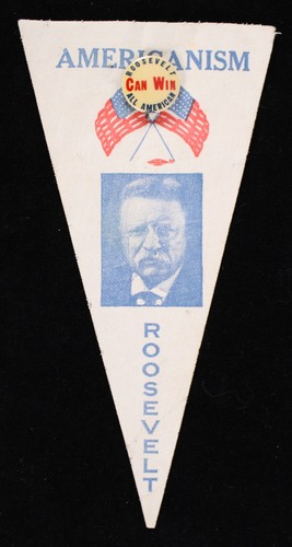 1900s Theodore Roosevelt "Americanism" 8" Pennant w/ 1" "Can Win" Pinback Button