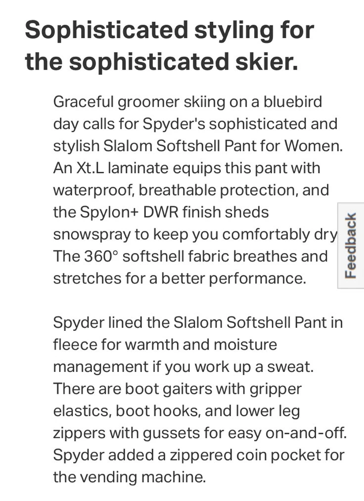 Spyder women s Slalom Softshell Ski Insulated pants black US4 EU6