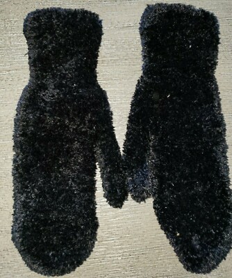 womens solid black THICK WINTER MITTENS one size fits most VERY STRETCHY! nice!