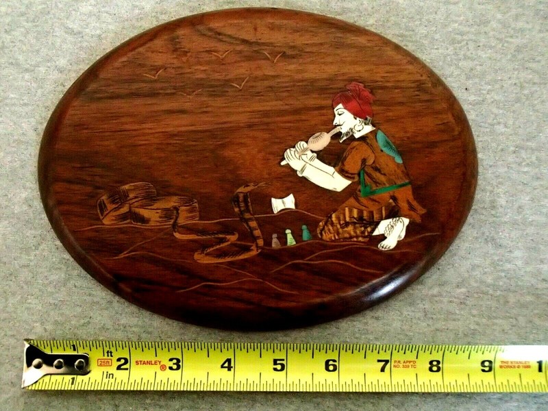 Vintage Oval Wood Bone Marquetry Inlay Snake Charmer Made in India
