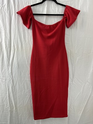 Missguided Little Red Revenge Dress Womens Size 2 BodyCon Off Shoulder Flutter