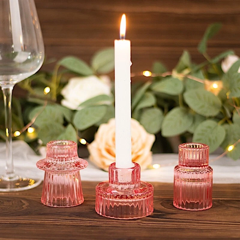 6 Mini 3 in Round Ribbed Glass Taper CANDLE HOLDERS Centerpieces Party Events - Image 3 of 4