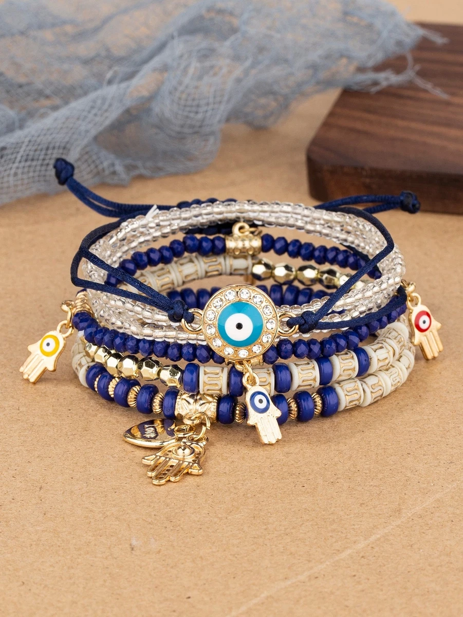 Buy Blue Evil Eye Hamsa Hand Bracelet in Sterling Silver 925 with Cubic  Zirconia CZ and 7