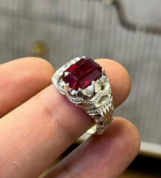 Emerald Cut Ruby Ring, Natural Ruby 925 Sterling Silver Yaqoot Ring For Men