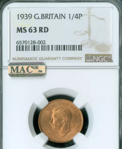 1939 GREAT BRITAIN FARTHING NGC MS63 RD MAC SPOTLESS  .
