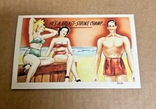 Beach Bunnies MAN PASSING IN SWIM TRUNKS ~ HE'S A BREAST-STROKE CHAMP POSTCARD