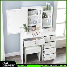 White Large Vanity with 10 LED Sliding Mirror 3 Modes 6 Drawers & Comfort Stool