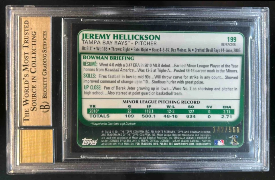 2011 Bowman Jeremy Hellickson Chrome Rookie Auto RC Refractor #/500 Rays BGS 9.5 - Image 2 of 2