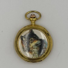 Vintage Gold Tone Wolf Painting Pocket Watch - Untested