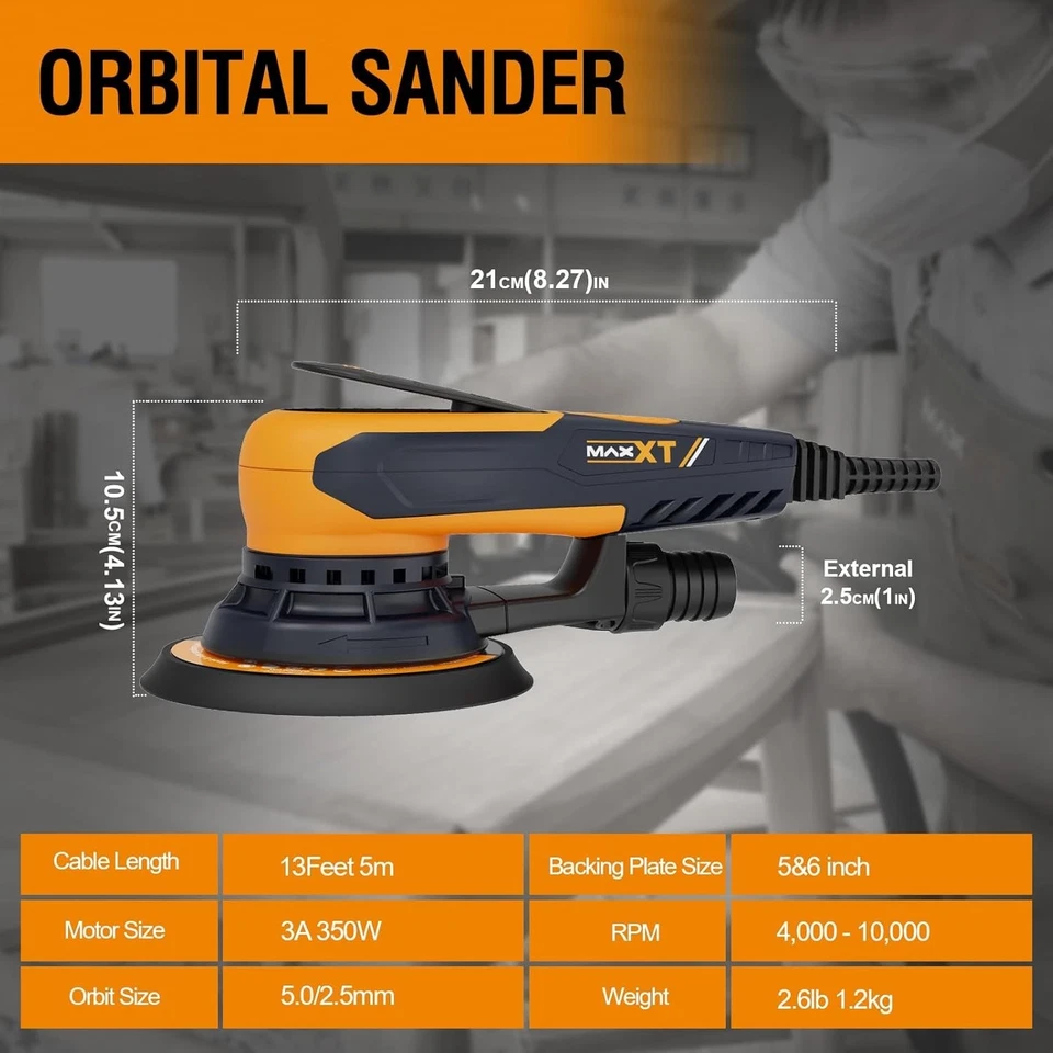 MAXXT Random Orbital Sander,brushless motor,5/6 inch pads,with tool case(orange) - Image 2 of 4