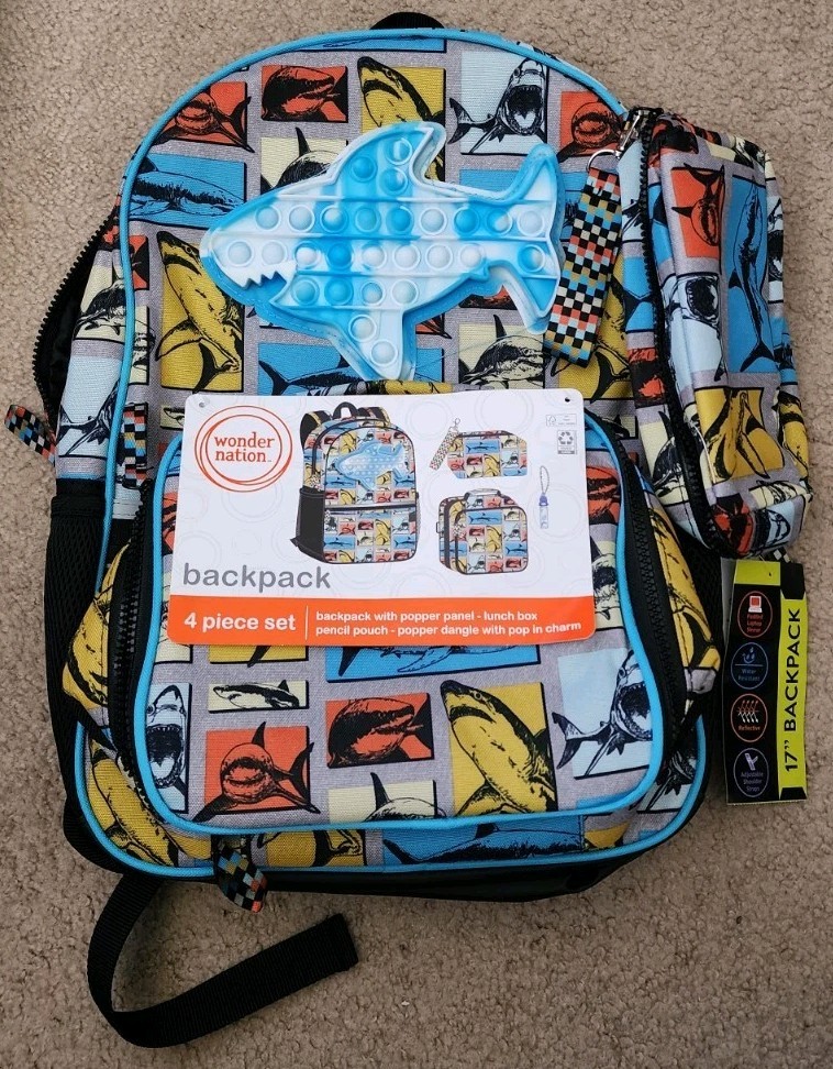 Wonder Nation 17" Boys Sharks Laptop Backpack and Lunch Bag Set 4-Piece