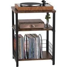Record Player Stand, 3 Tier Side End Table with Vinyl Record Storage Basket