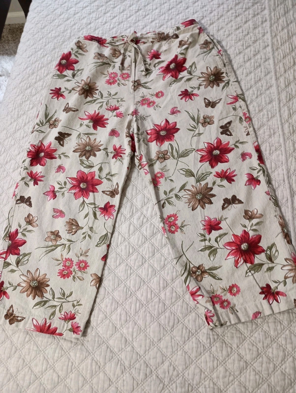 Vtg Sag Harbor Petites Sz 10P Casual 2 pc SS Beige Floral Crop Pant Set image 2