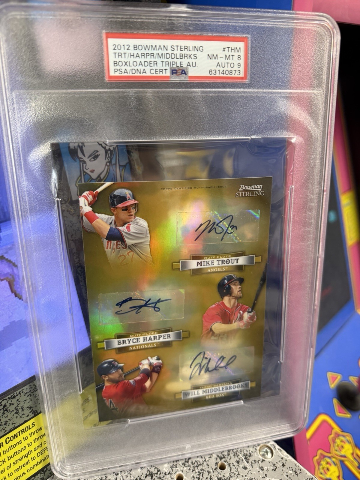 2012 Bowman Sterling Mike Trout Bryce Harper Boxloader Triple Auto Rookie RC PSA view 8