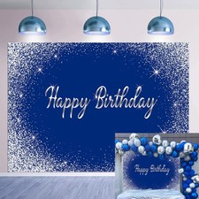 Royal Blue Happy Birthday Backdrop 7x5FT Glitter Blue Silver Dot Photography ...