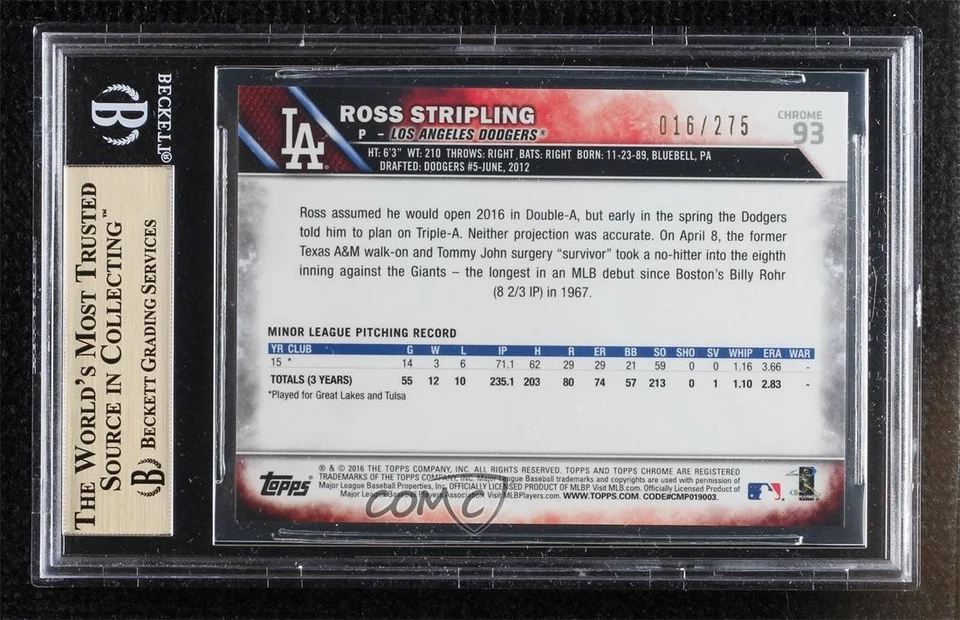 2016 Topps Chrome Purple Refractor /275 Ross Stripling BGS 10 PRISTINE Rookie RC - Image 2 of 3