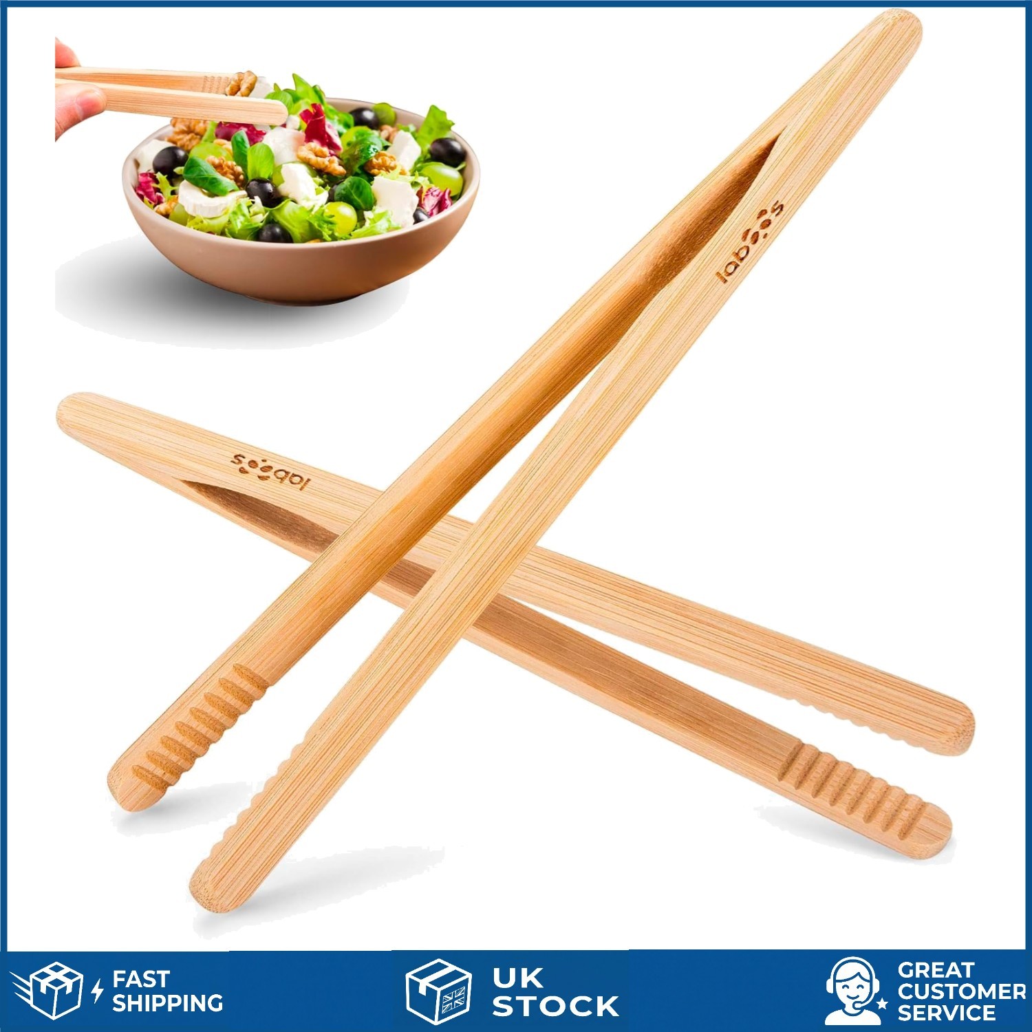 Versatile Heat Resistant Bamboo Kitchen Tongs For Toast And Grill 8 Inch 2pk