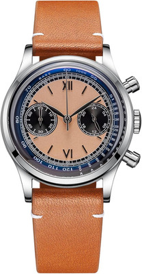 VK64 Men's Chronograph Watch - 100M Waterproof, Orange Dial, Leather Strap