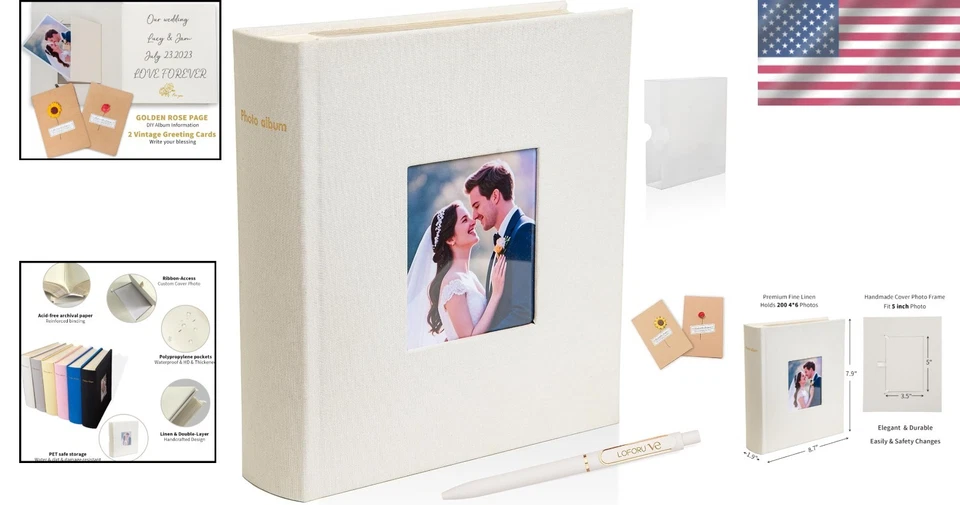 Álbum de fotos hecho a mano de lino: 200 bolsillos con espacio de escritura para bodas y eventos Foto 2 de 4