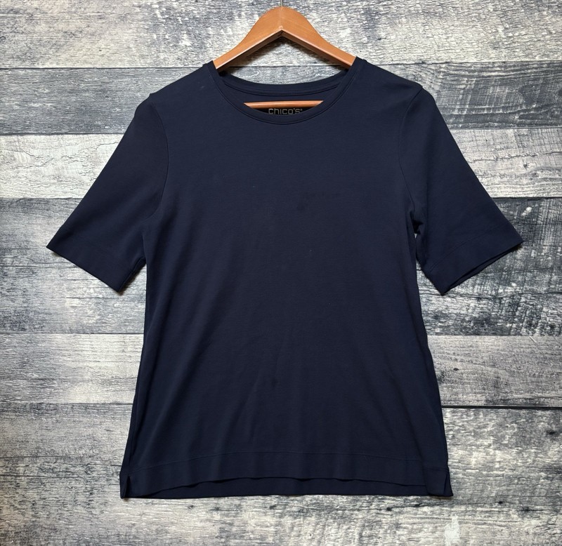 Chicos Size (1) Woman’s 100% Pima Cotton Top Shirt Medium Navy Blue Minimalist