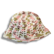 EUC Hand Knitted Hat Beanie Skull Cap Toboggan Size 12x7.5 White Pink Green