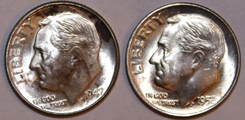 Two Roosevelt Dimes - 1947-D(BU) 1952-D(BU) - #9419D - FREE SHIPPING