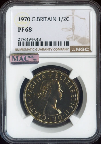 1970 GREAT BRITAIN HALF 1/2C HALF CROWN NGC PF68 MAC SPOTLESS 2ND FINEST GRADE .