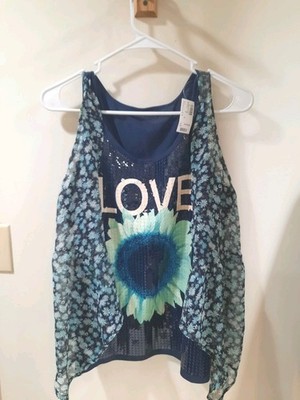Justice Sequin 2 Peice Tank/shirt Set Size 20 Navy Mult Sunflower Love Sequence 