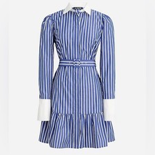 J. Crew Long Sleeve Tiered shirt-dress in cotton poplin contrast collar belted