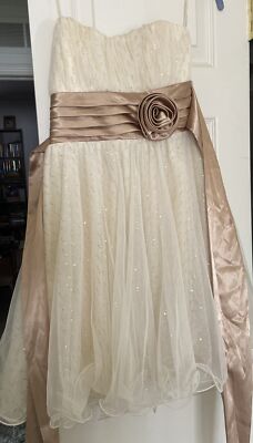 Teeze Me Dress Size 5 Off White Gold Sparkles Ribbon Waist Tie In Back AndZipper