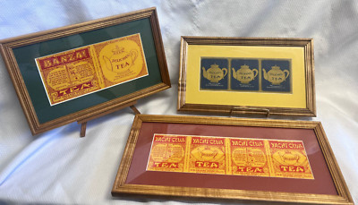 3 Antq Framed & Matted Tea Label Advertising Yacht Club Banzai Delicious Brands