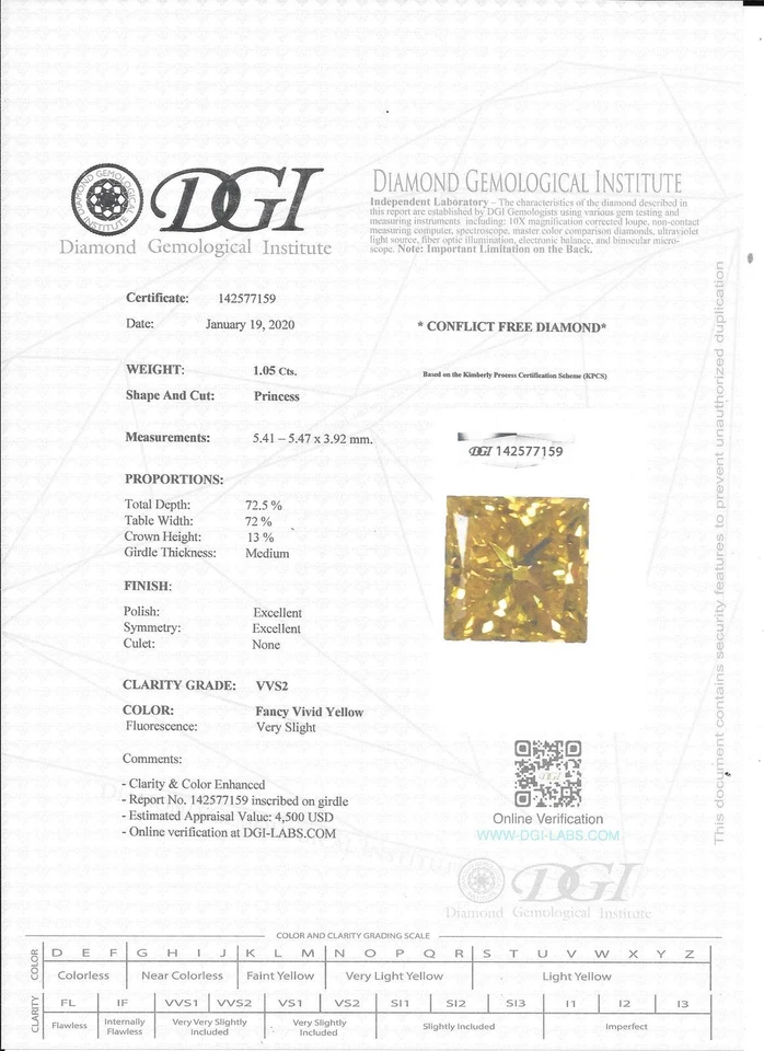 Loose Yellow Diamond Princess Cut Fancy Color 1.05 Carat VVS2 Enhanced Polished - Image 3 of 4