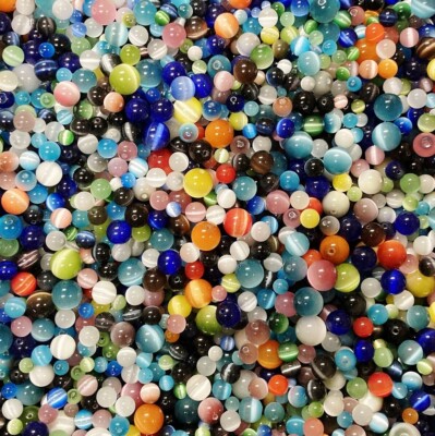 1/4 Pound (100+pcs) Cat's Eye Fiber Optic Glass Mixed Color Size Round Beads CH7