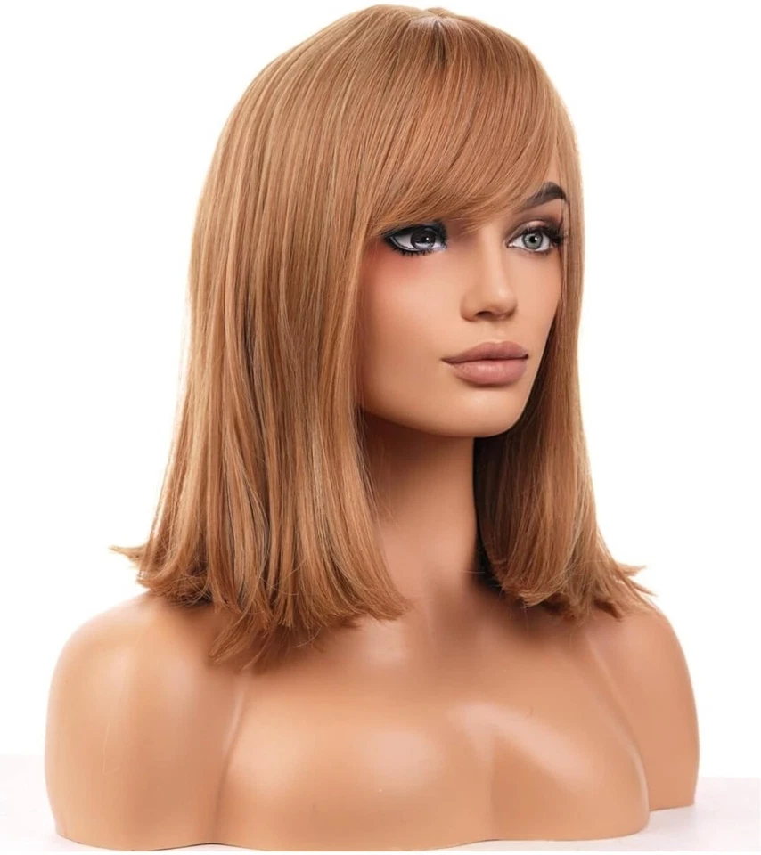 Peluca - Mezcla de cabello humano - Capas rectas Fresa Rubio Bangs Calor Ok Foto 2 de 4