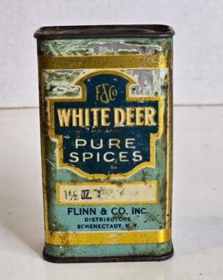 Antique Vtg White Deer Thyme Spice Tin Flinn & Co Schenectady NY RARE
