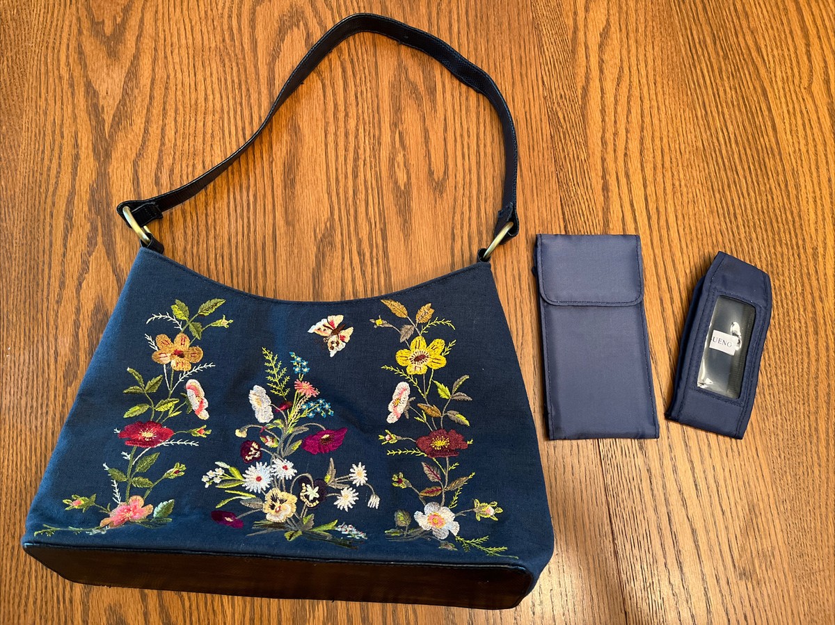 BUENO Navy Purse with EMBROIDERED FLOWERS Zip/snap Closure