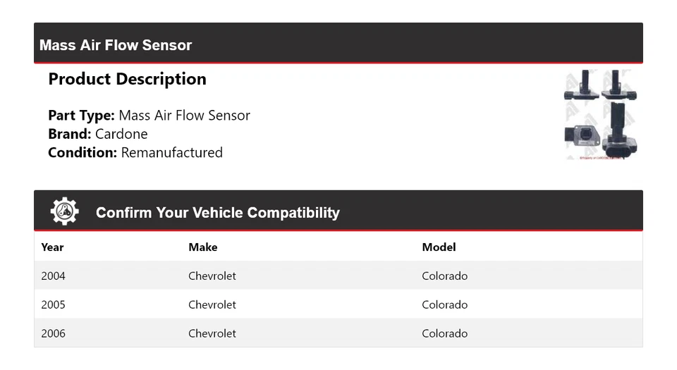 Sensor de flujo de aire masivo Cardone 2005 para Chevrolet Colorado 2004-2006 Foto 2 de 4