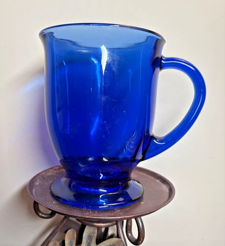 Vintage Footed 5" Anchor Hocking Rib Cobalt Blue Glass Cafe Coffee Cup Mug 16 Oz