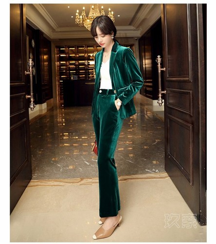 Tailleur completo verde velluto elegante giacca manica lunga pantalone 4872  | eBay