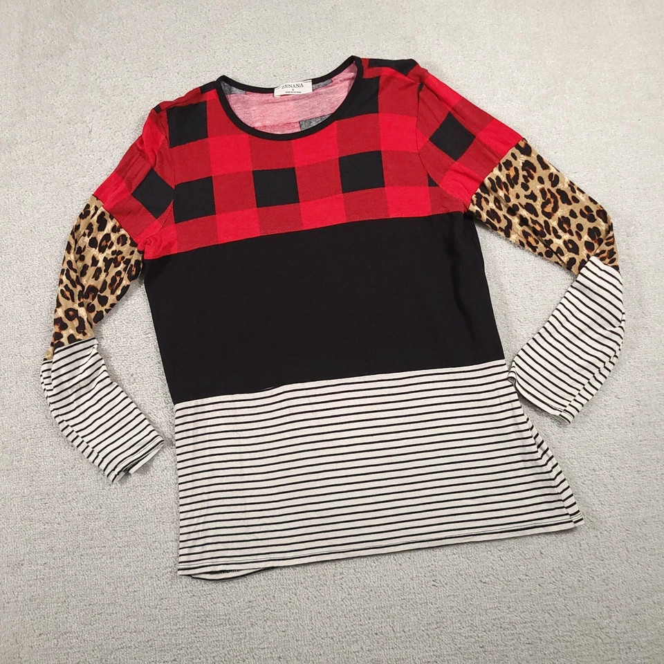 Camisa Zenana Para Mujer Pequeña Bloques de Color Estampado Animal A Cuadros Manga Larga Foto 2 de 4