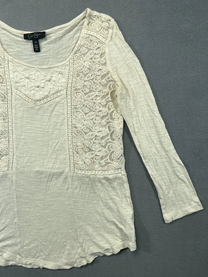 Camisa Jessica Simpson Mujer XS Extra Pequeña Beige Encaje Manga Larga Top Damas Foto 4 de 4