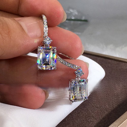 925 Silver Rectangle Cubic Zirconia Hook Earrings Drop Dangle Women Wedding Gift - Picture 2 of 6