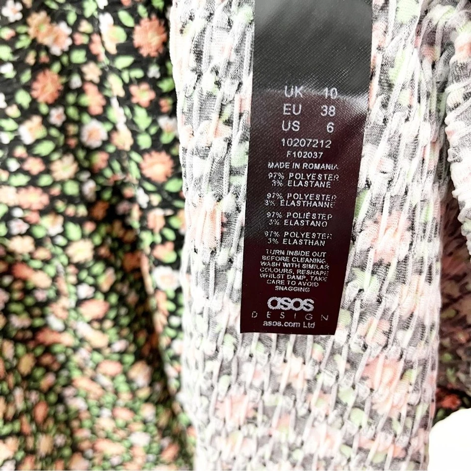 ASOS Design Black Ditsy Floral Print Puff Sleeves Tiered Smock Dress, Size 6 - Image 4 of 4