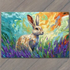 Art Print Rabbit Lavender Field Colorful Sky Swirls Meadow Bunny Nature Bright