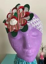 Little Girl's Headband in Christmas Theme w/ Red  Green Flowers w/ Santa