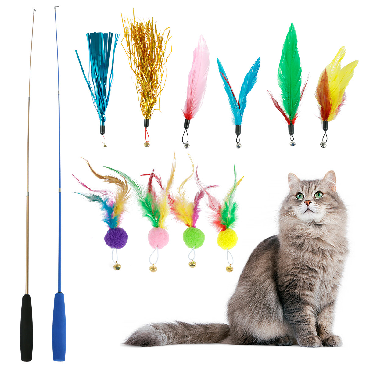 2Pcs Cat Wand Toys Interactive Cat Feather Wand 39inch Retractable Cat Wand Toy^